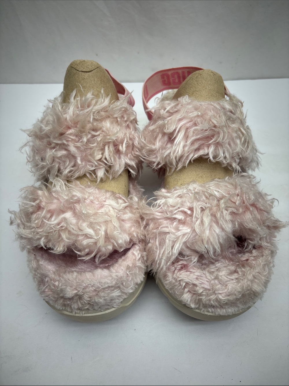 UGG Women’s Pale Pink Faux-Fur Slide Sandals Elastic Heel Strap, SZ 11, box 3